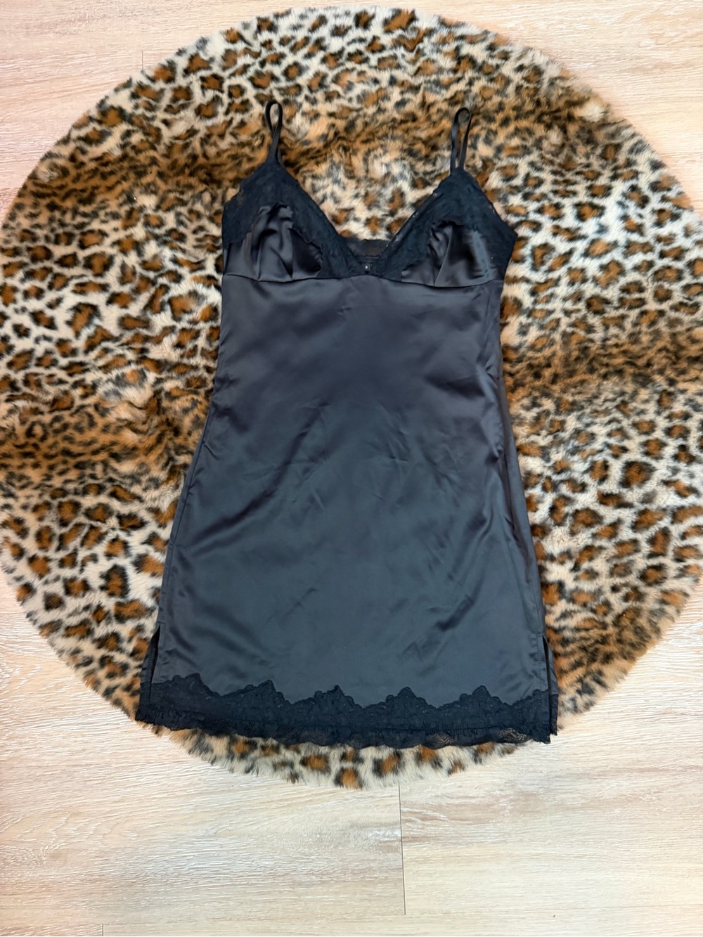 Women's Black Satin Lace-Trim slip style dress